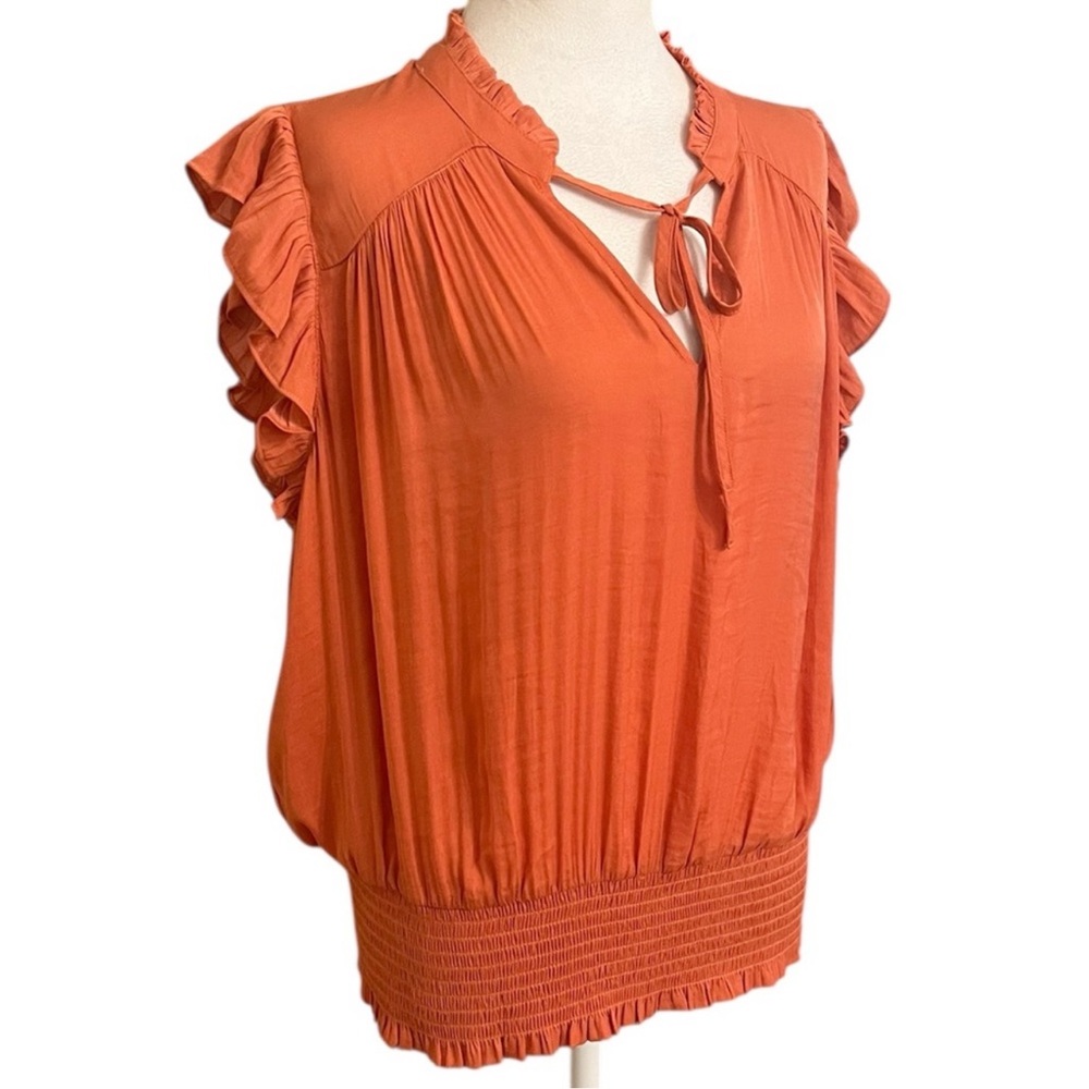 Joie Blouse with Ruffle Cap Sleeves, Small, Rust Orange, Like New, Smocked Waist